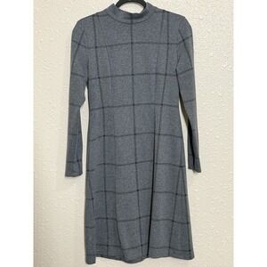 Ann Taylor Small Gray Plaid Knit Dress Long Sleeve Mock Neck Bow Back